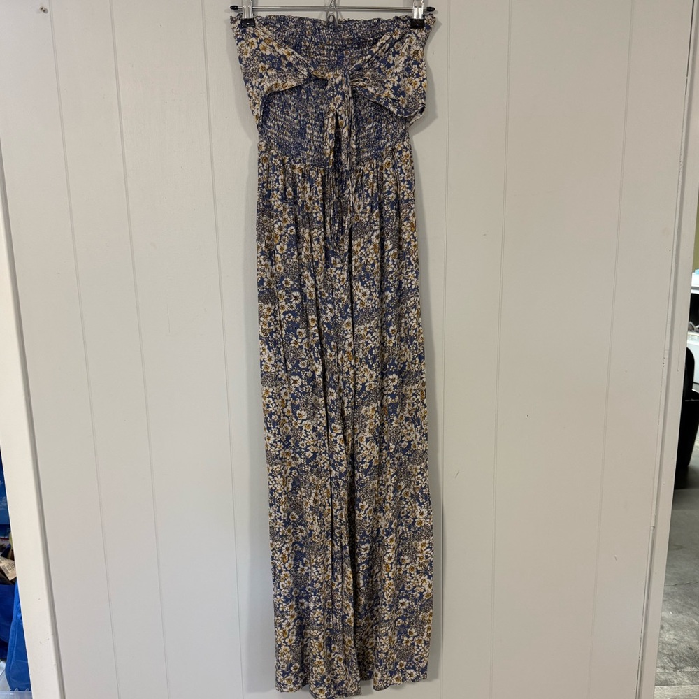 Patrons of Peace Blue and Cream Floral Strapless Jumpsuit Size Small